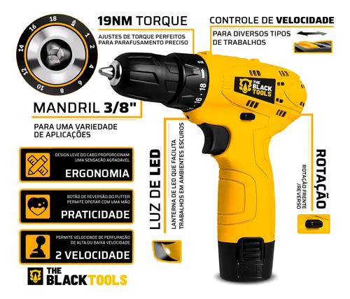 Parafusadeira Furadeira The Black Tools TB12A 3/8 a Bateria Cor Amarelo Frequência 60Hz - Imagem 2